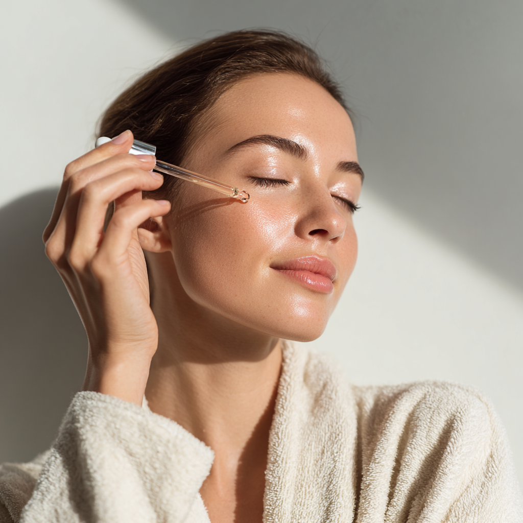 Lifestyle image with model applying serum for Shopping Box Ads