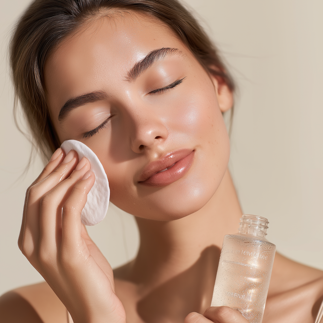 Beautiful woman gently removing makeup with micellar water using a cotton pad, holding a clear skincare bottle — clean minimal beige background, glowing hydrated skin — Shopping Box Studio