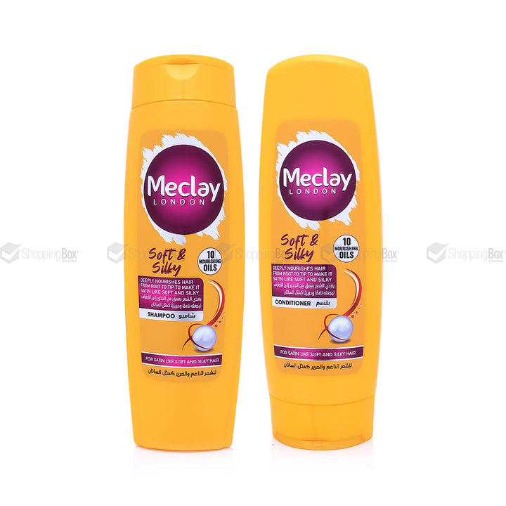 Two Meclay London shampoo and conditioner bottles on a white background