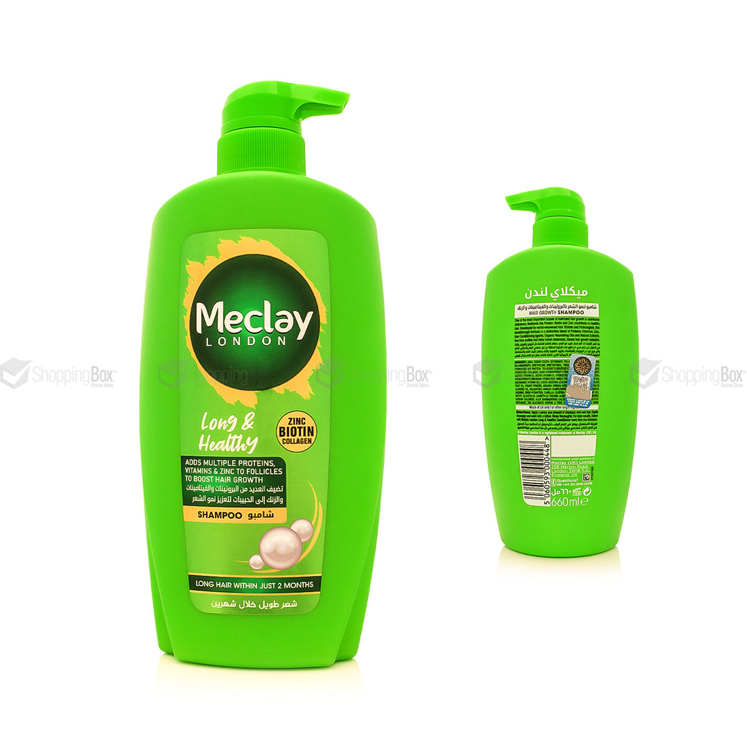 Green shampoo bottle with Meclay London branding on a white background