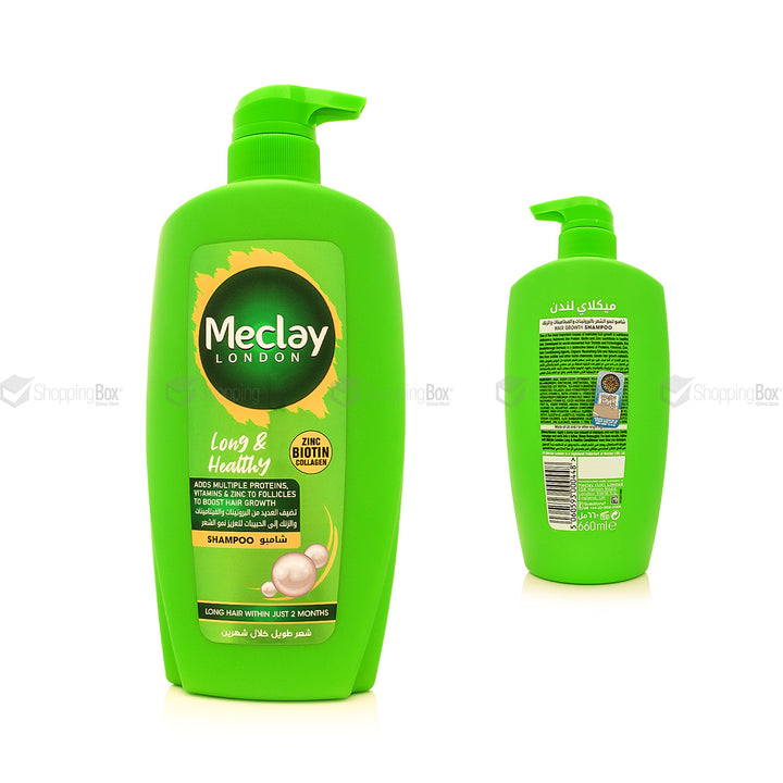 Green shampoo bottle with Meclay London branding on a white background