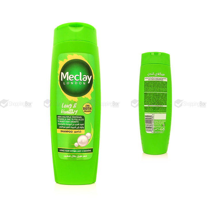 Green shampoo bottle with Meclay London branding on a white background