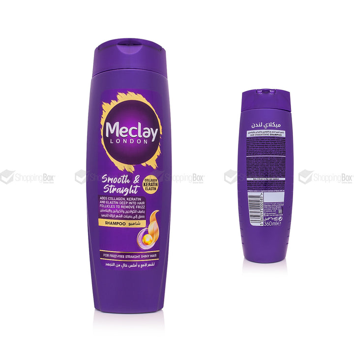 Purple shampoo bottle with 'Meclay London' branding on a white background