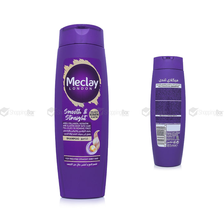 Purple shampoo bottle with Meclay London branding on a white background