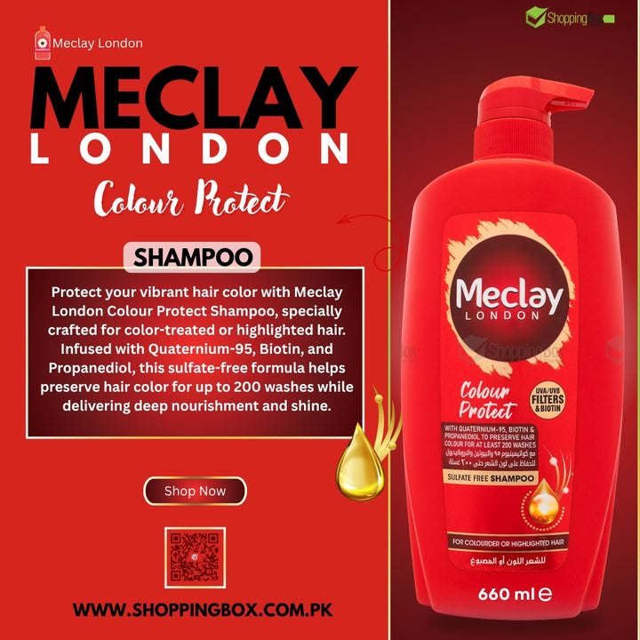 Meclay London Colour Protect shampoo bottle on a red background with product details for Advertising poster Shopping Box.