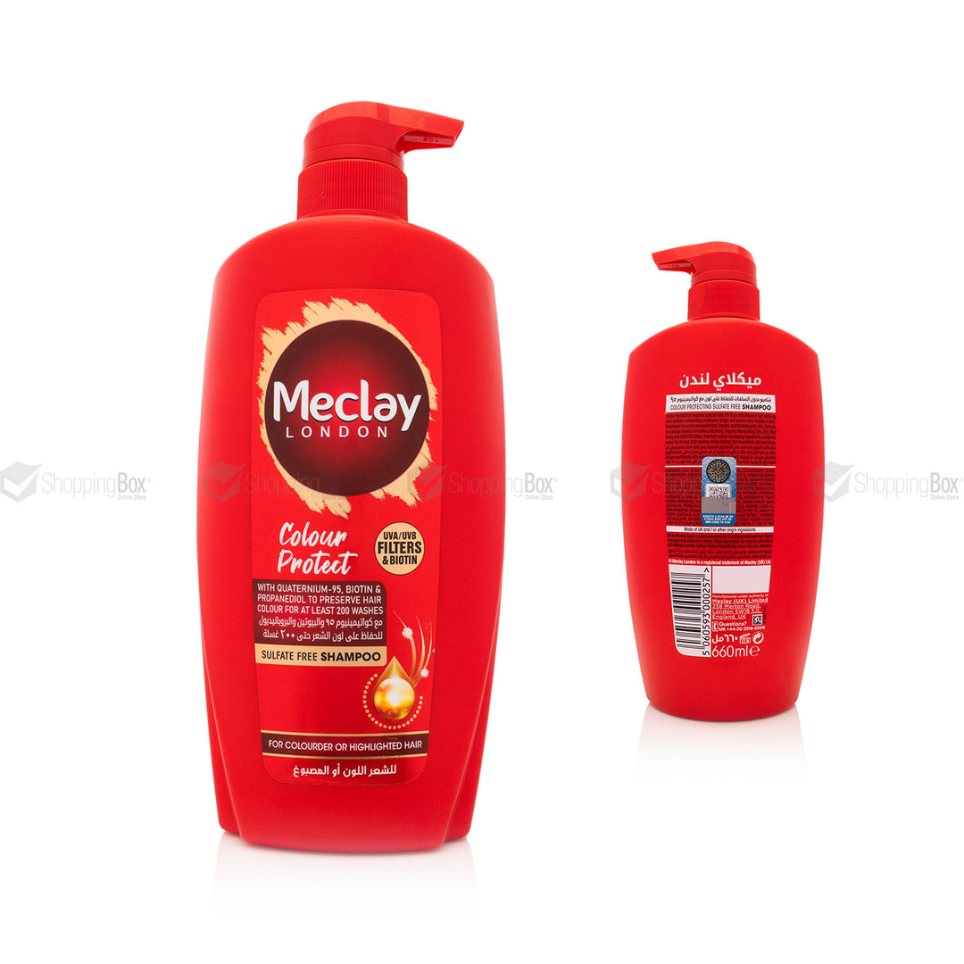 Red shampoo bottle with Meclay London front and back view on white background with Shopping box water mark.