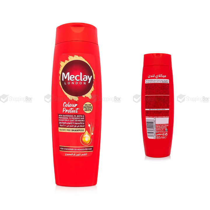 Red shampoo bottle with Mectay London branding on a white background