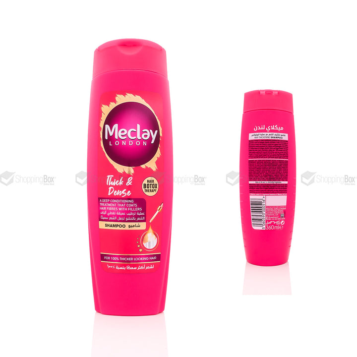 Meclay Thick & Dense Shampoo 360ml front view and back label with details