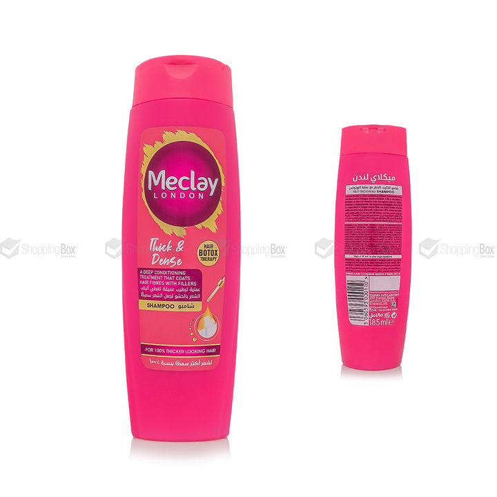 Meclay Thick & Dense Shampoo 185ml front and back in pink bottle