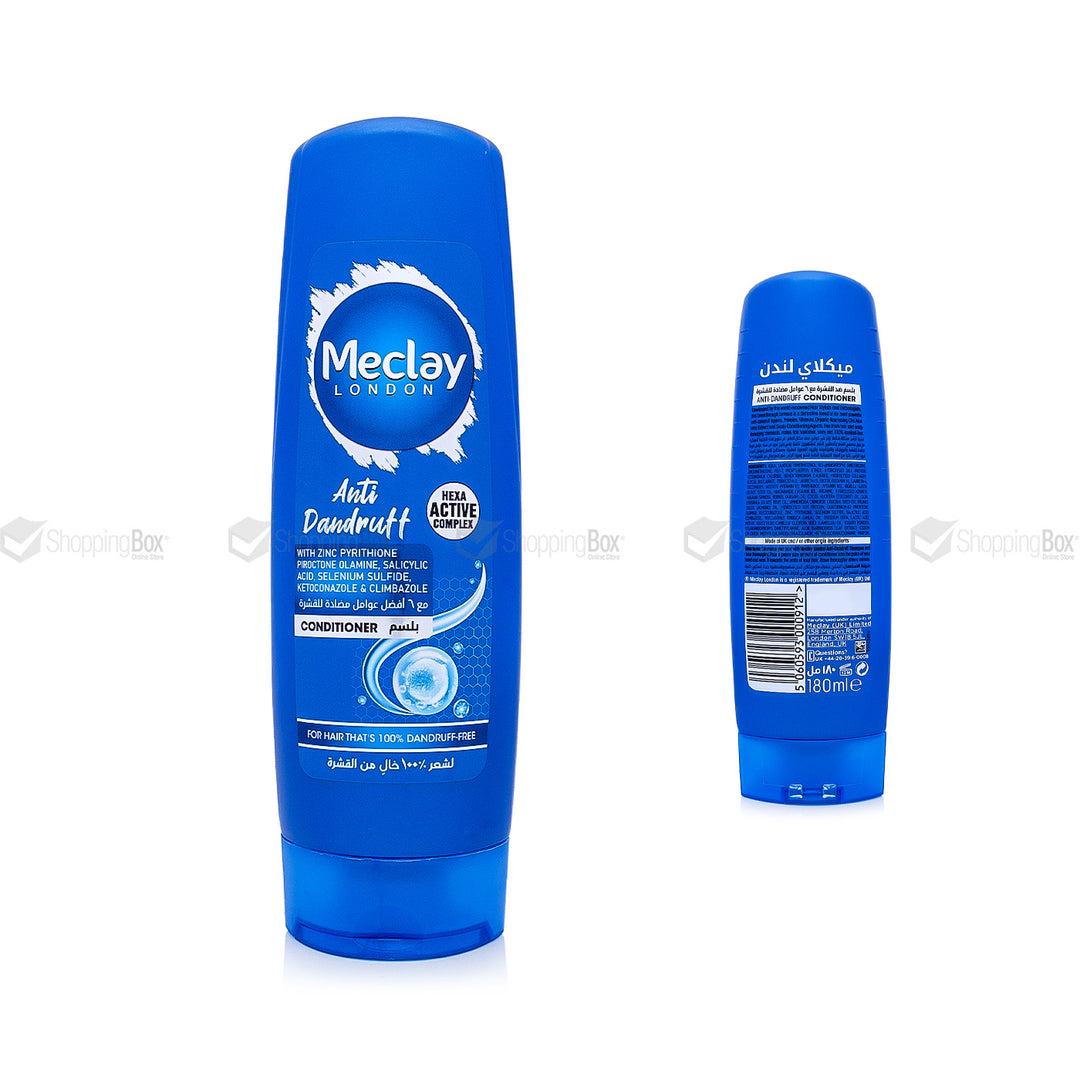 Two blue Meclay conditioner bottles on a white background