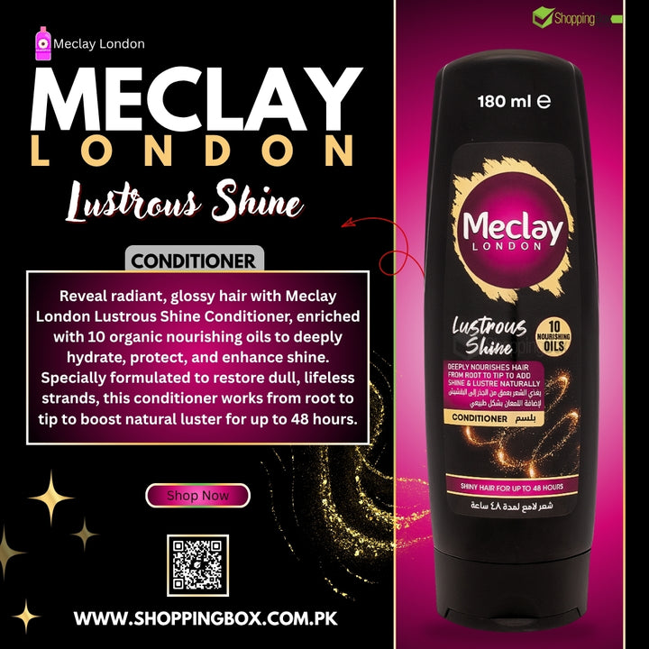 Meclay London Lustrous Shine conditioner bottle with promotional text on a dark background