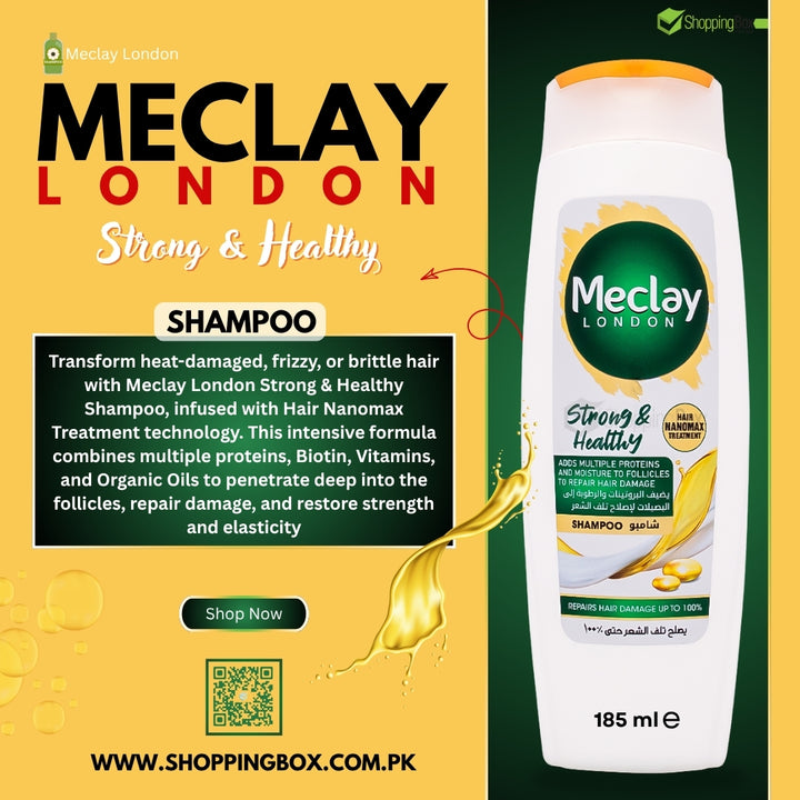 Meclay London shampoo bottle with promotional text on a yellow and green background