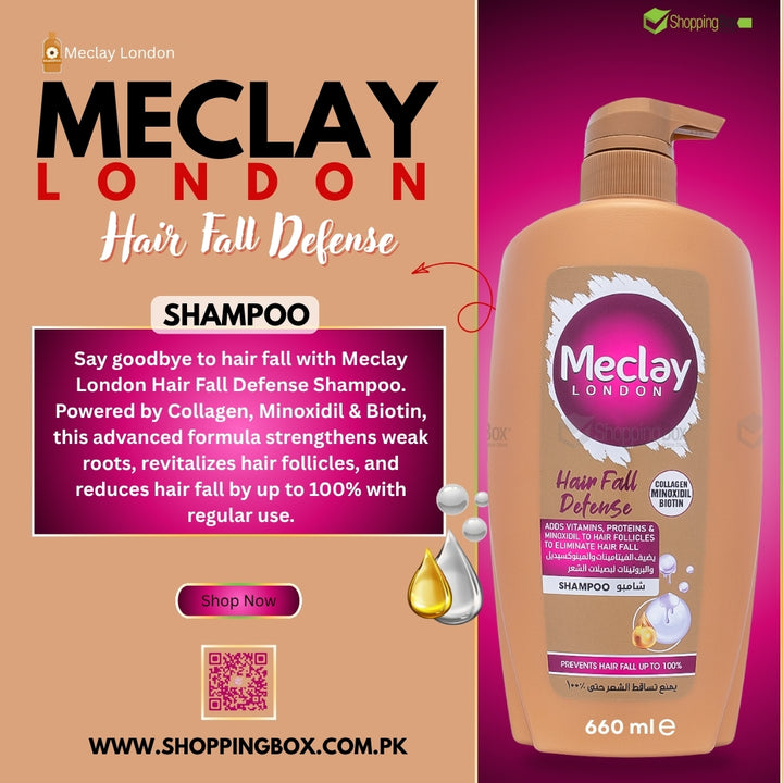 Meclay London Hair Fall Defense Shampoo 660 ML bottle with promotional text on a pink and purple background for Shopping Box Media Post.