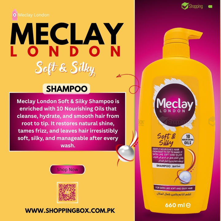Meclay Soft & Silky Shampoo 660ml pump bottle front view at color full poster for advertising Shopping Box Post.