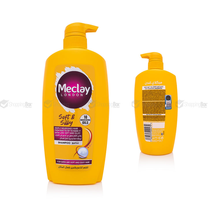 Meclay Soft & Silky Shampoo 660ml pump bottle front and back view.