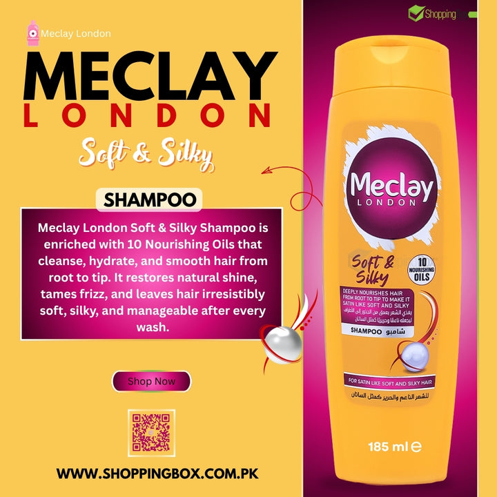 Meclay London Soft & Silky shampoo bottle on a yellow and pink background with product details.
