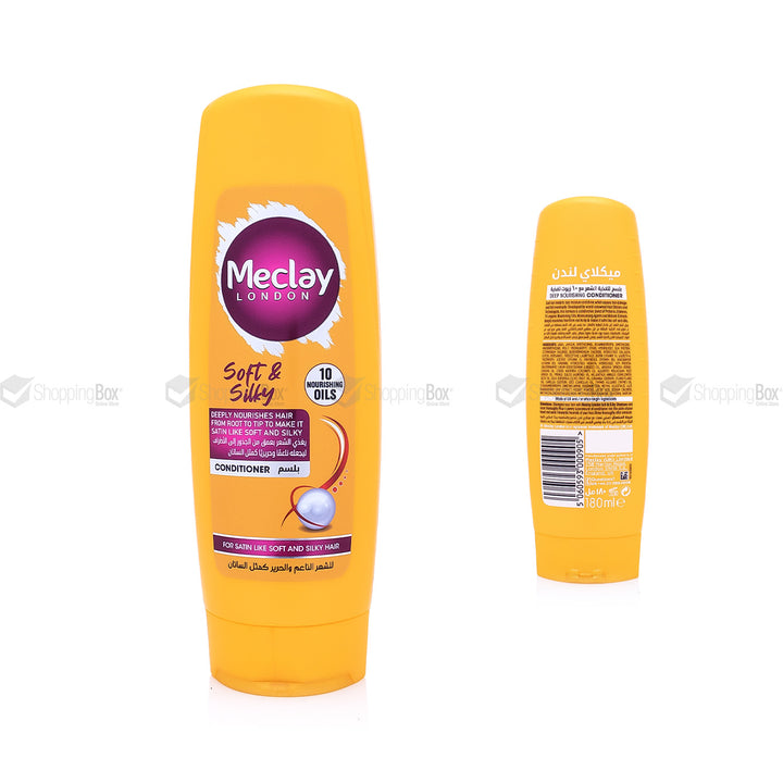 Yellow conditioner bottle with Meclay branding on a white background