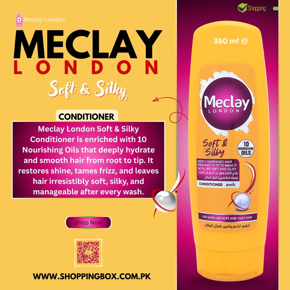 Meclay Soft & Silky Conditioner 350ml front packaging display at Poster for shopping box advertisement.