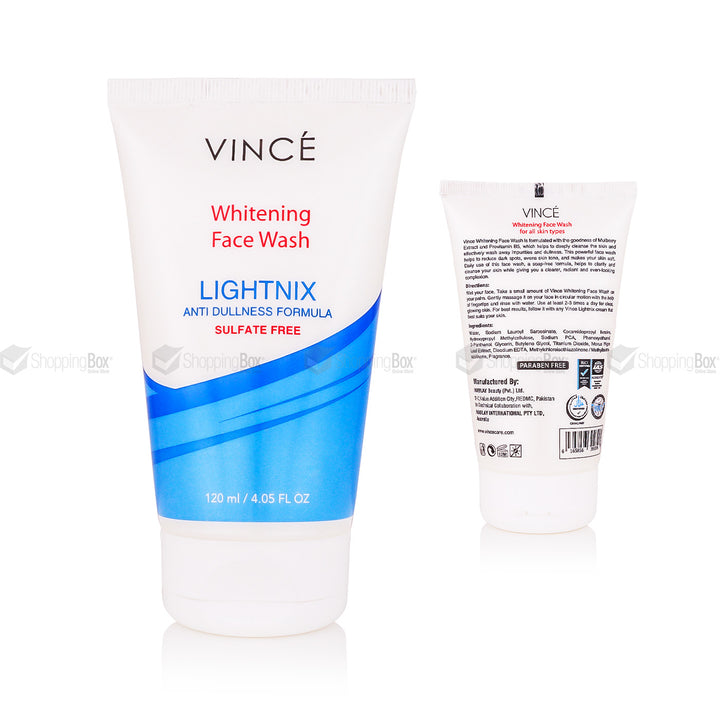 A tube of VINCE Whitening Face Wash, with product information and ingredients listed on the back panel.