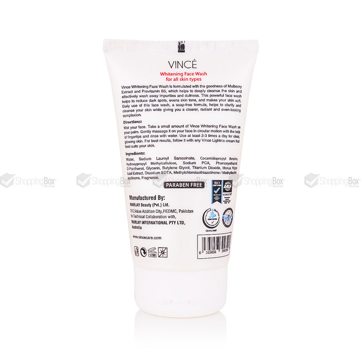 Vince Whitening Face Wash 120ml back label with ingredients