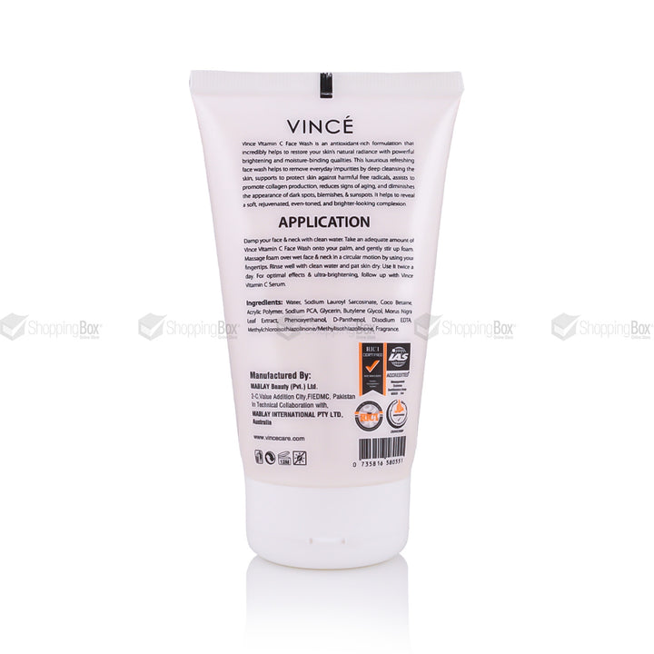 Vince Vitamin C Face Wash 120ml back label with application & ingredients