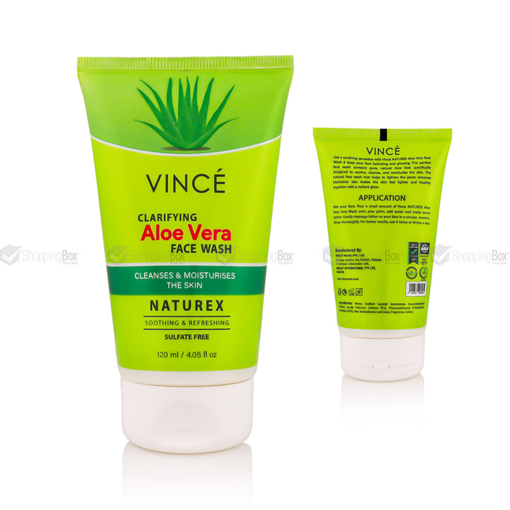 Vince Aloe Vera Face Wash 120ml front and back tube with green packaging with shopping box water mark