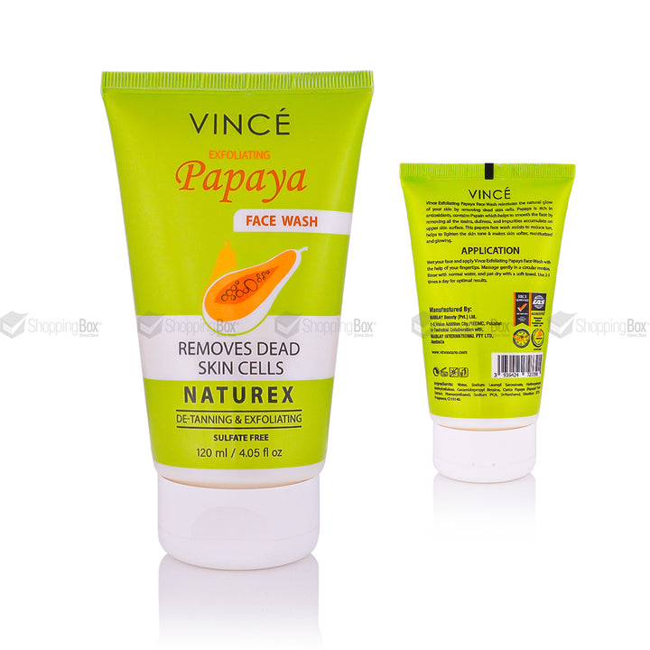 Tube packaging of Vince NATUREX Exfoliating Papaya Face Wash with product information and branding visible.