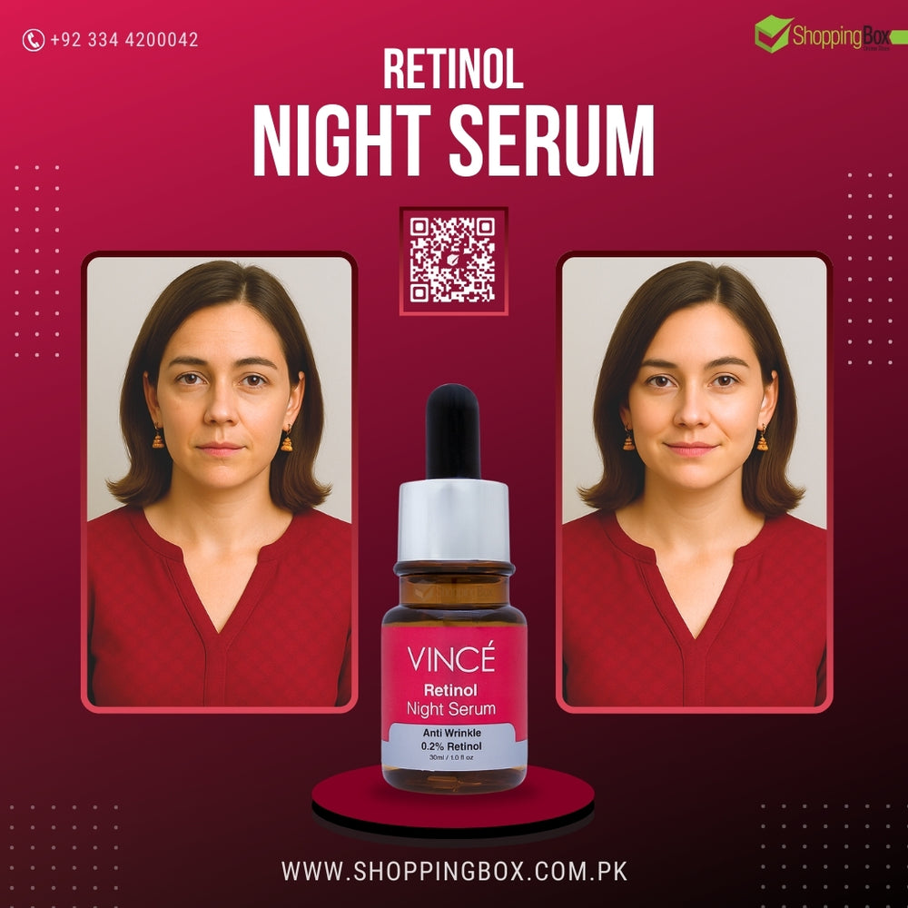 Retinol night serum with a bottle and packaging on a red background model Showing before after results