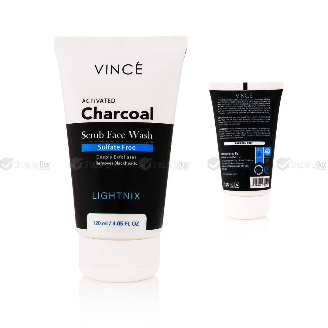 Two tubes of VINCE Lightnix Activated Charcoal Scrub Face Wash for women, one standing upright and the other lying down, showing the product and its packaging details.