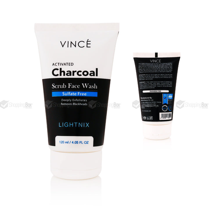Two tubes of VINCE Lightnix Activated Charcoal Scrub Face Wash for women, one standing upright and the other lying down, showing the product and its packaging details.
