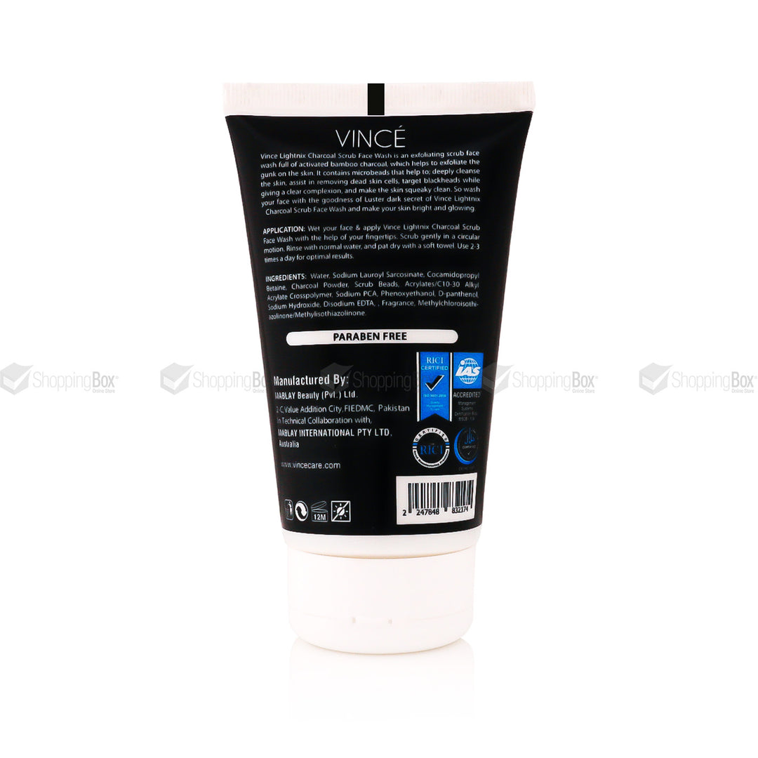 Vince Activated Charcoal Scrub Face Wash 120ml back label with ingredients