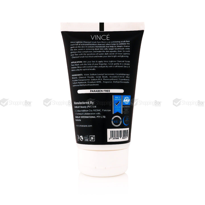 Vince Activated Charcoal Scrub Face Wash 120ml back label with ingredients