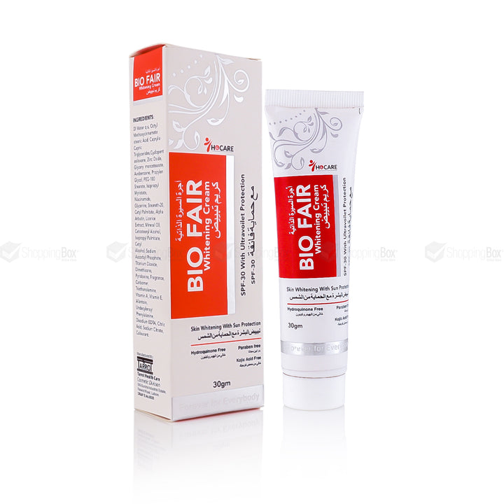 A boxed Bio Fair Whitening Cream SPF 30 with the product next to it, highlighting its whitening and sun protection features.