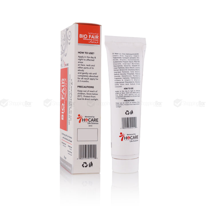 Bio Fair Whitening Cream 30gm back packaging with usage info