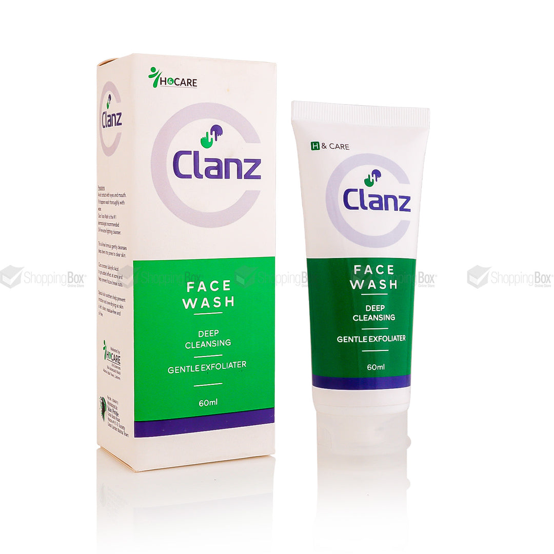 Packaging of Clanz face wash, featuring the product in a white tube with green and purple text, alongside its box which has the same color scheme.