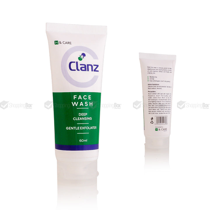 Clanz Face Wash 60ml tube front and back available at Shopping Box