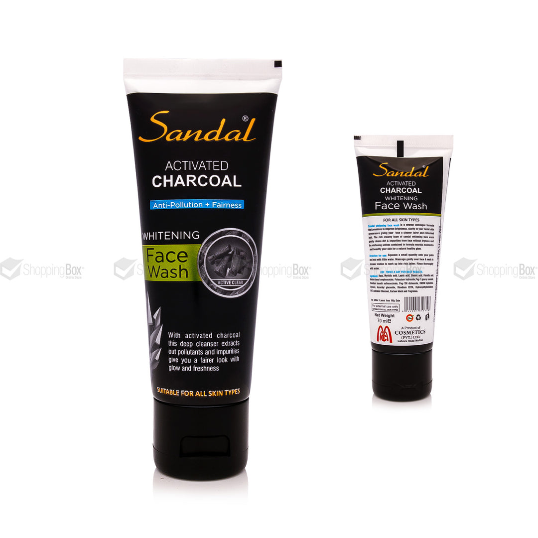 Front and Back view of Sandal Activated Charcoal Whitening Face Wash 70ml β Shopping Box Studio Original