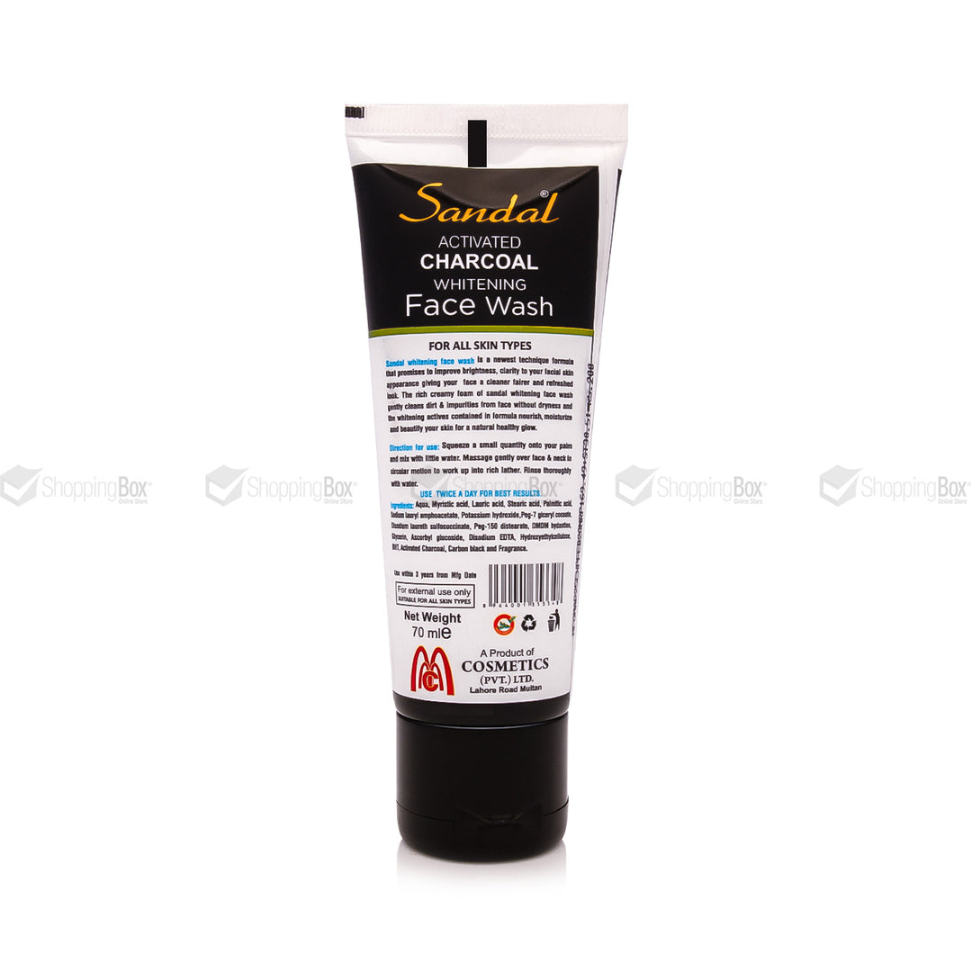 Tube of Sandal Activated Charcoal Whitening Face Wash on a white background