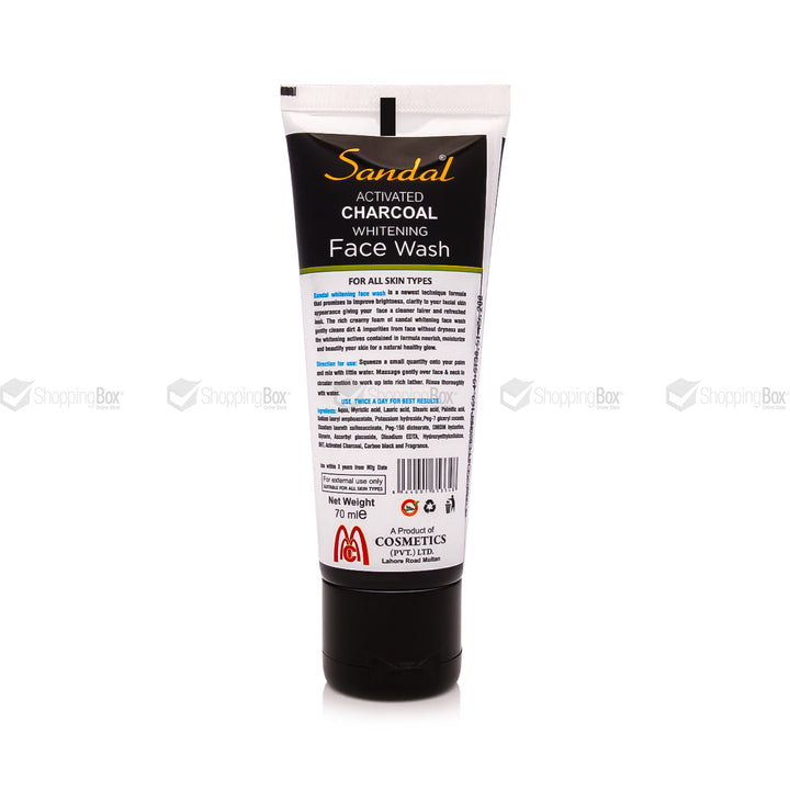 Tube of Sandal Activated Charcoal Whitening Face Wash on a white background