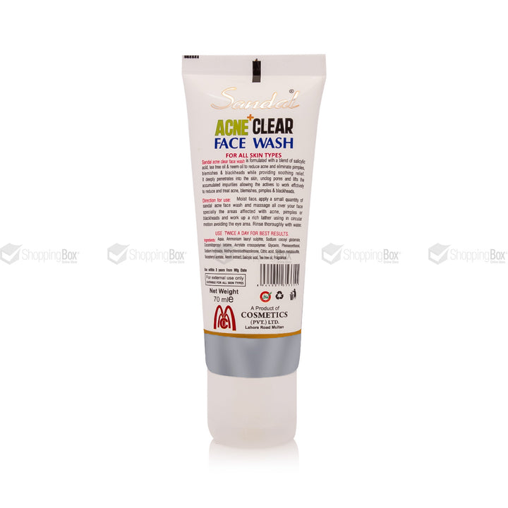 Original Sandal Acne Clear Face Wash back label with ingredients at Shopping Box