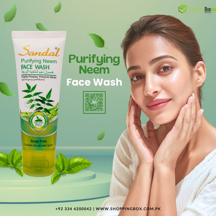 Sandal Purifying Neem Face Wash front view Model & Poster – Shopping Box