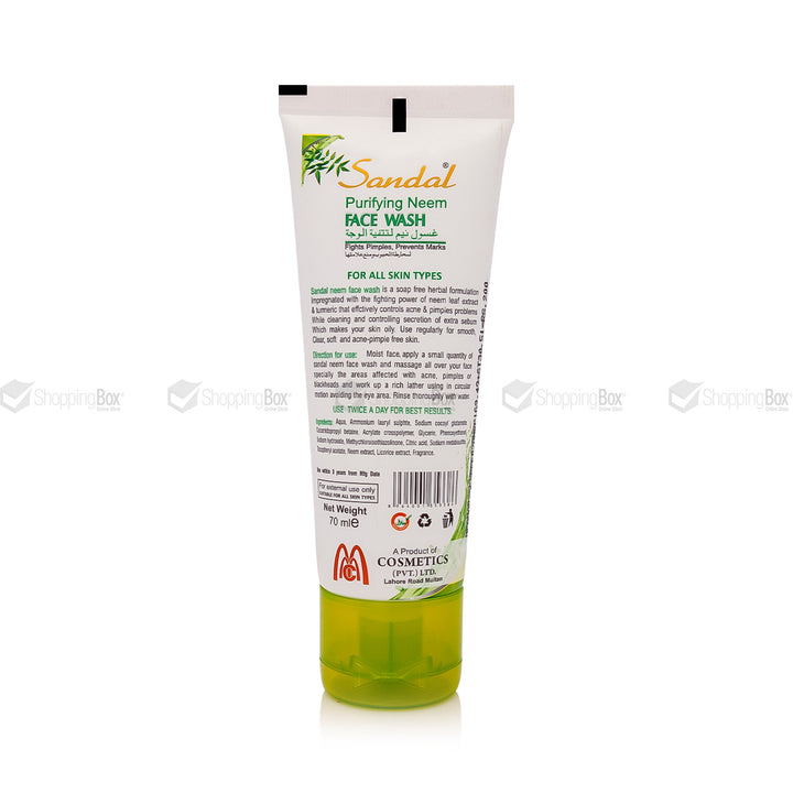 2.	Sandal Purifying Neem Face Wash back view ingredients & directions – Shopping Box