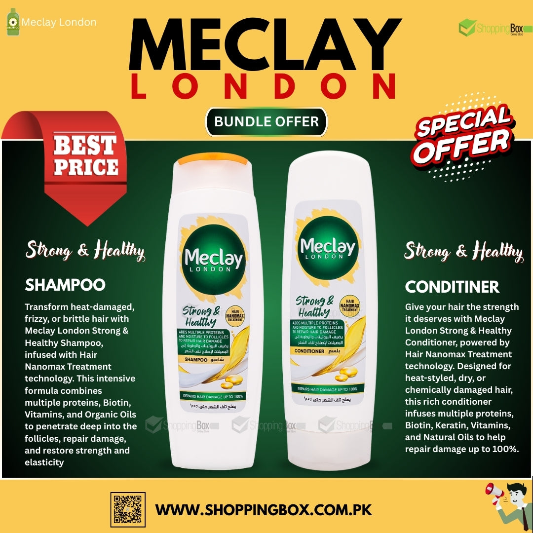 Meclay London shampoo and conditioner bundle offer with promotional text on a green and yellow background.
