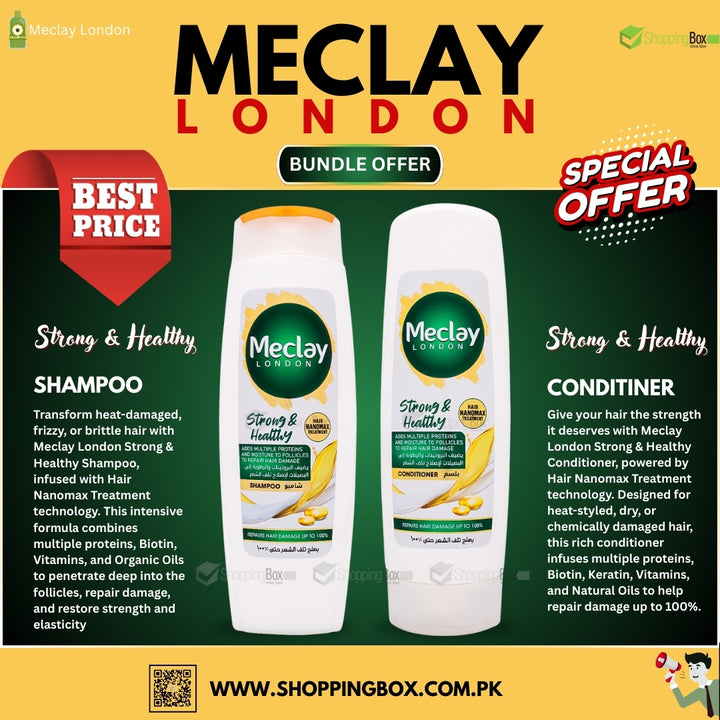 Meclay London shampoo and conditioner bundle offer with promotional text on a green and yellow background.