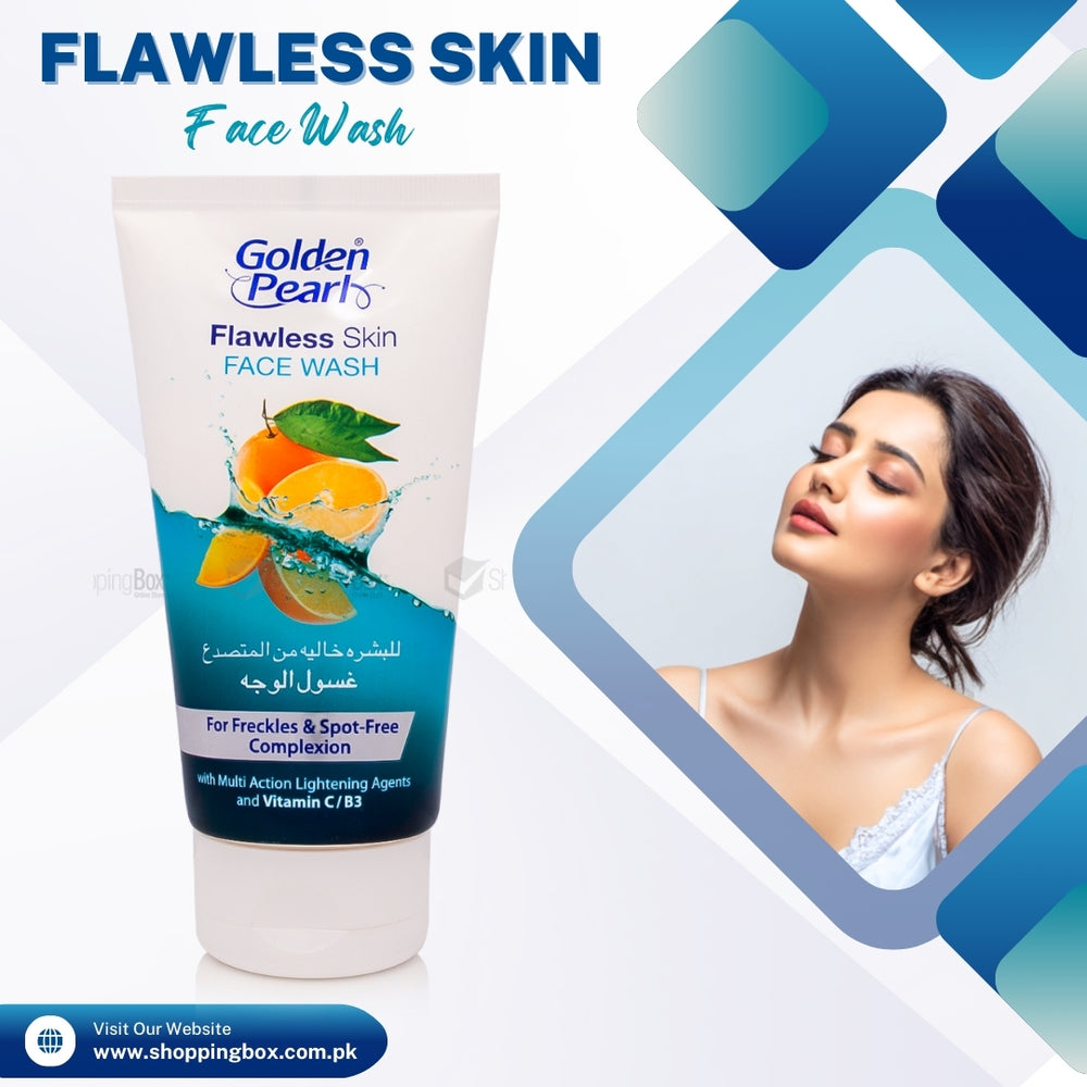 Golden Pearl Flawless Skin Face Wash with a woman's face on shopping box poster a blue and white background