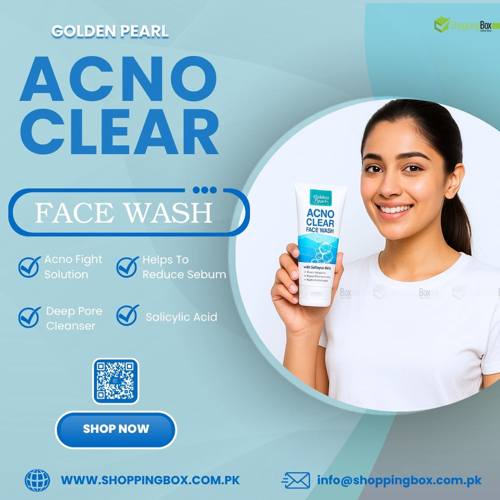 Advertisement for Golden Pearl Acno Clear Face Wash with a woman holding the product against a light blue background.