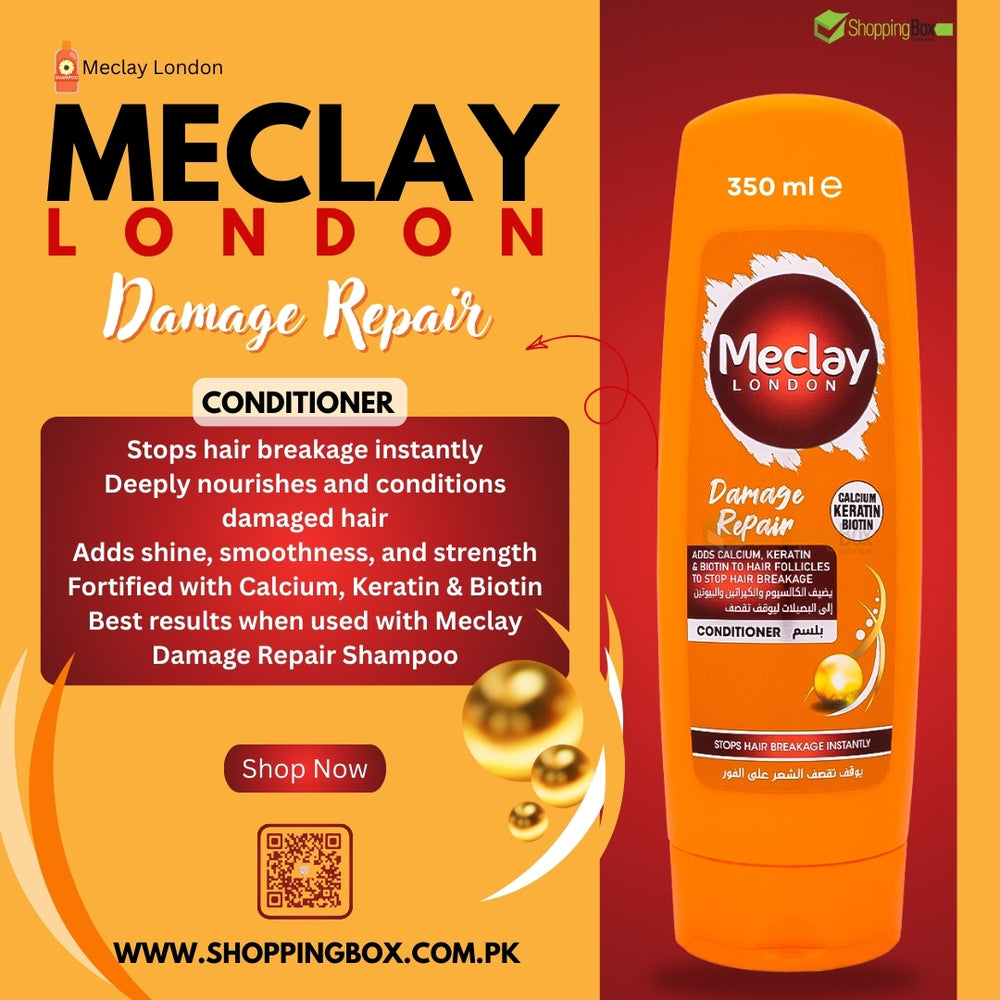 Meclay London Damage Repair conditioner bottle on at shopping box poster.
