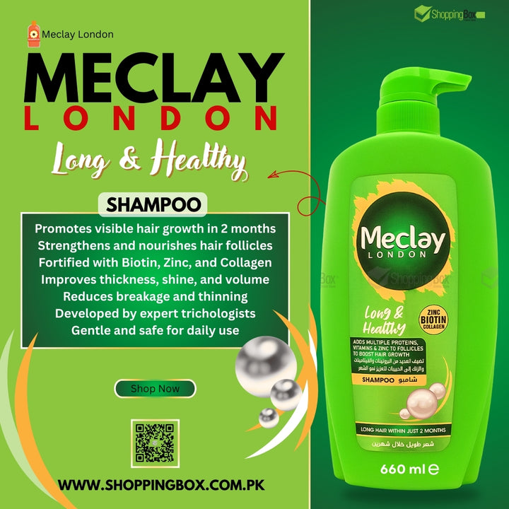 Meclay London shampoo bottle with product details on a green background poster for Shopping Box