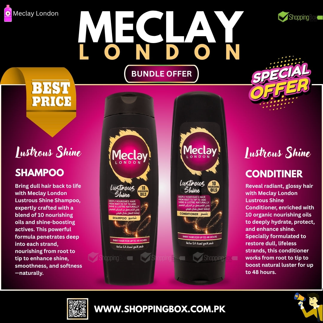 Meclay London Lustrous Shine Shampoo and Conditioner bundle offer on a pink background with branding and promotional text.