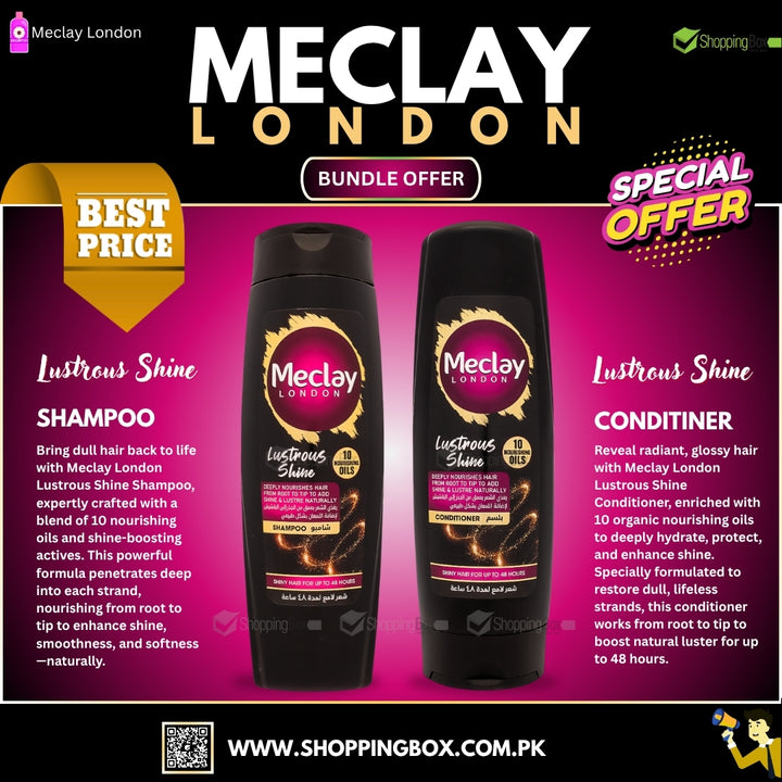 Meclay London Lustrous Shine Shampoo and Conditioner bundle offer on a pink background with branding and promotional text.